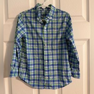 Vineyard Vines performance Blue and Green Checkered Whale Shirt